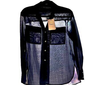 THEORY Airy Shirt Sheer Navy Blue Womens Sz P Button-up Notch Collar Hi-Lo Hem